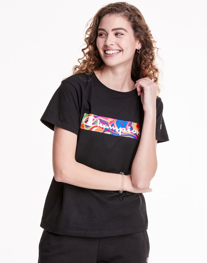 Champion Dame T-Shirts Sort - Classic Jersey Liquid Filled Block With Script Logo - Danmark EVZ-4683